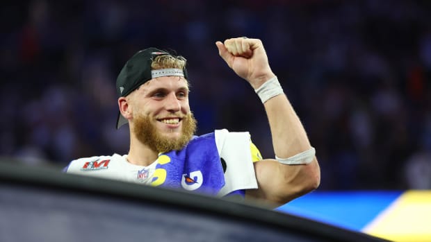 Feb 13, 2022; Inglewood, CA, USA; Los Angeles Rams wide receiver Cooper Kupp celebrates after defeating the Cincinnati Bengals in Super Bowl LVI at SoFi Stadium. Mandatory Credit: Mark J. Rebilas-USA TODAY Sports